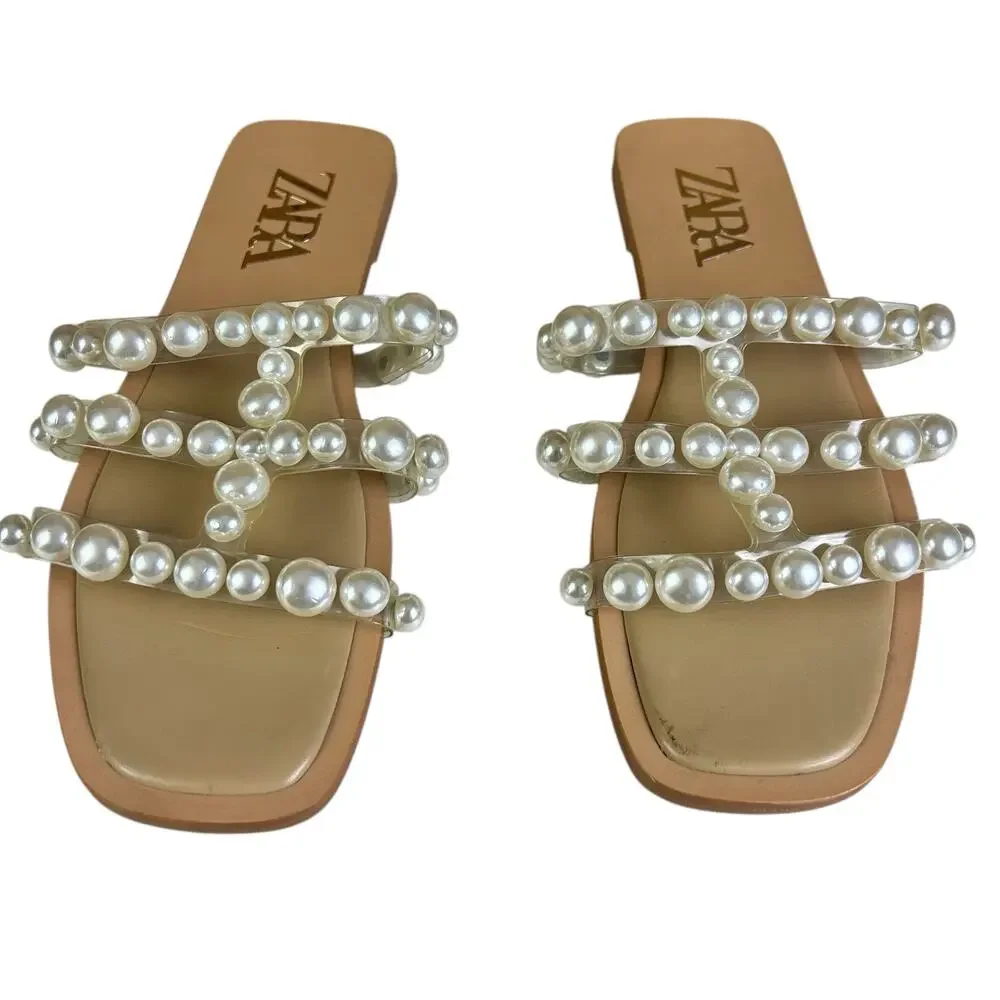 Zara Sandals Women Sz 40 (US 9) Clear Strap Pearl Embellished Coastal Slide Flat - Picture 3 of 9